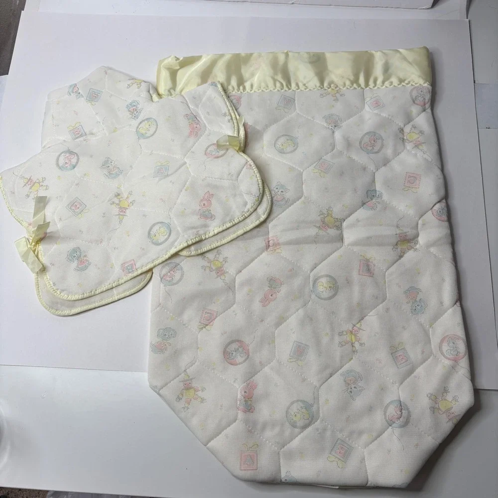 Vintage Storktex Baby Bunting Bag & Hooded Jacket Set Yellow Quilted Animals MCM